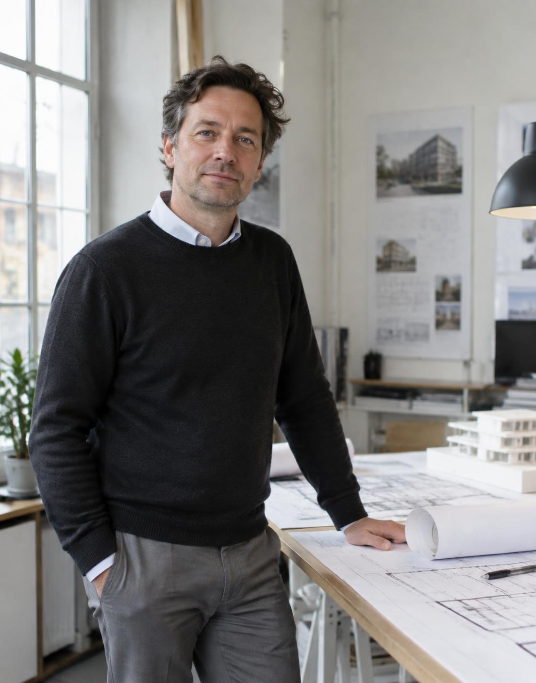 Sjouke Sieperda in het atelier bij de tekentafel